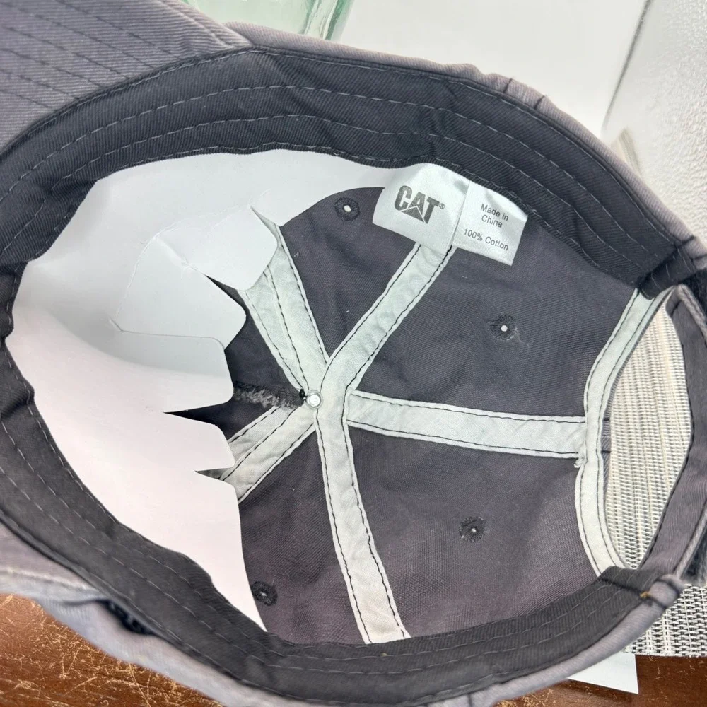 Caterpillar CAT Hat Mens Gray Distressed Cotton Adjustable Baseball Cap Logo